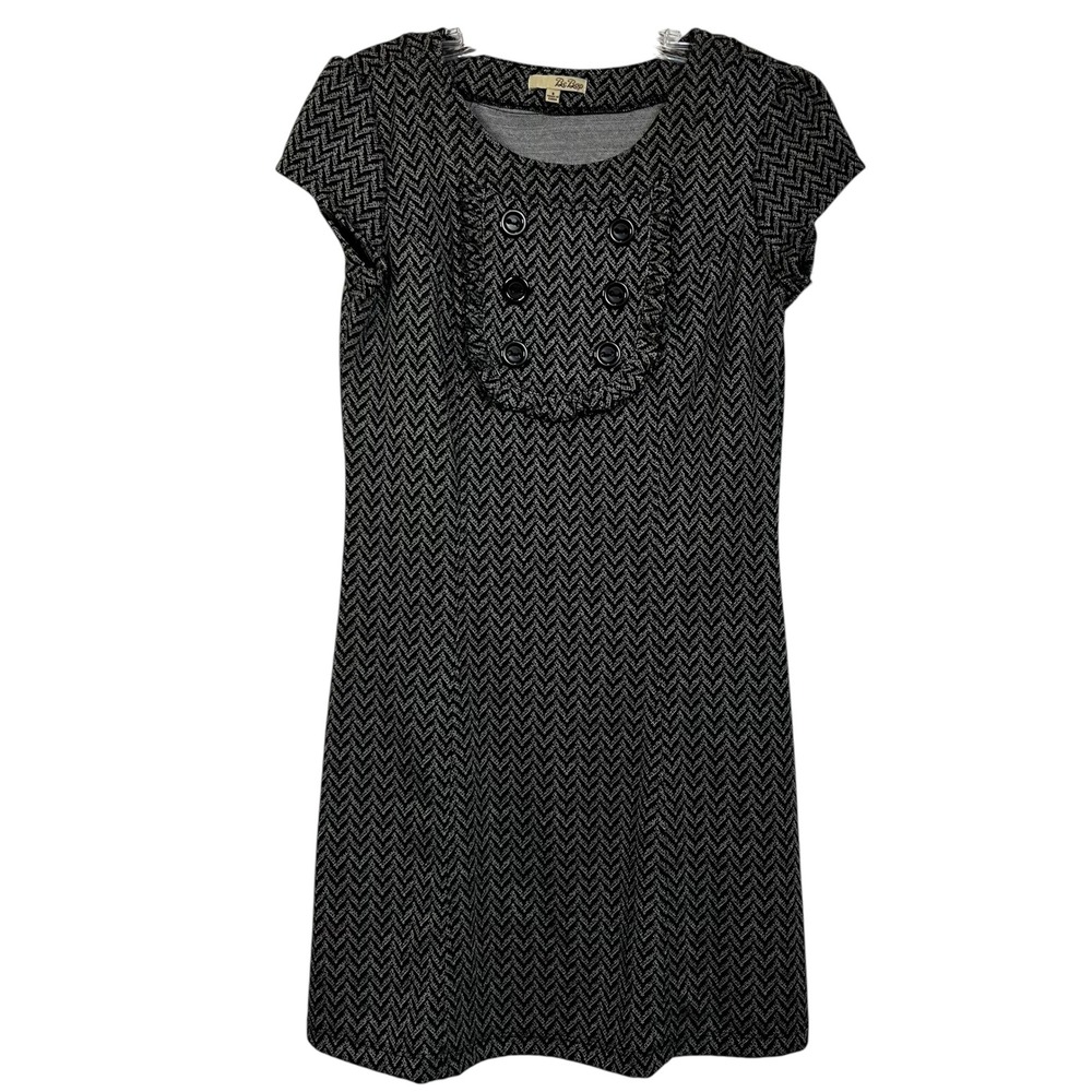 Be Bop Black Gray Chevron Ruffle Bib‎ Button Shift Dress Small Dark Academia